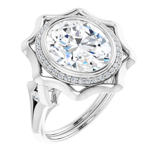 10K White Gold Customizable Bezel-set Oval Cut with Halo & Oversized Floral Design