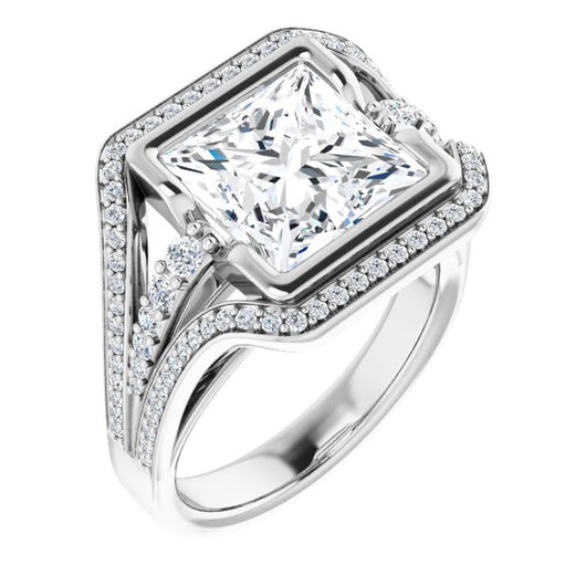 10K White Gold Customizable Cathedral-Bezel Princess/Square Cut Design with Wide Triple-Split-Pavé Band