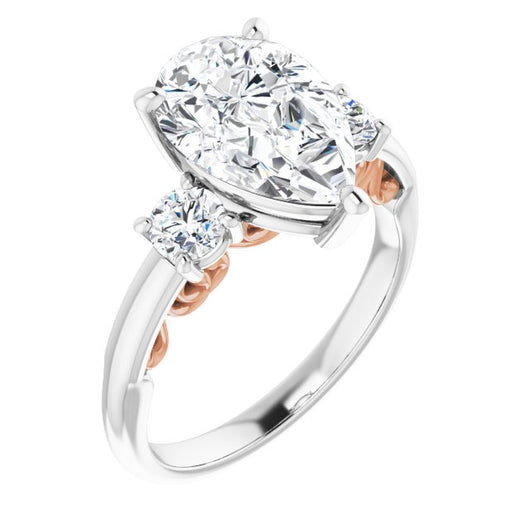 14K White & Rose Gold Customizable Pear Cut 3-stone Style featuring Heart-Motif Band Enhancement