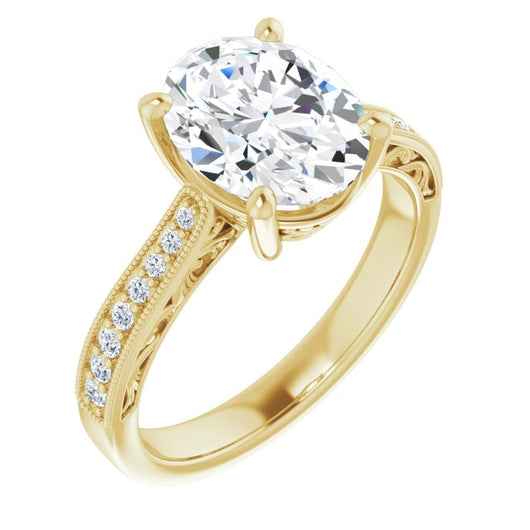 10K Yellow Gold Customizable Oval Cut Design with Round Band Accents and Three-sided Filigree Engraving