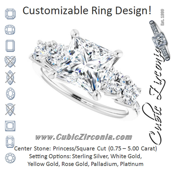 Cubic Zirconia Engagement Ring- The Denae (Customizable 5-stone Princess/Square Cut Design Enhanced with Accented Band)