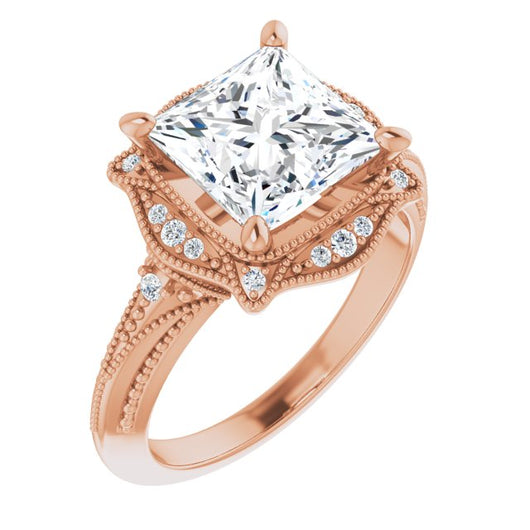 10K Rose Gold Customizable Vintage Princess/Square Cut Design with Beaded Milgrain and Starburst Semi-Halo