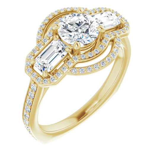 10K Yellow Gold Customizable Enhanced 3-stone Style with Round Cut Center, Emerald Cut Accents, Double Halo and Thin Shared Prong Band