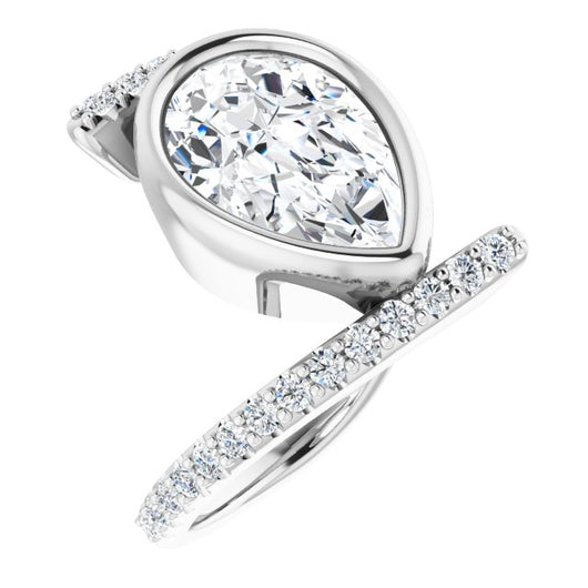 10K White Gold Customizable Bezel-set Pear Cut Design with Bypass Pavé Band