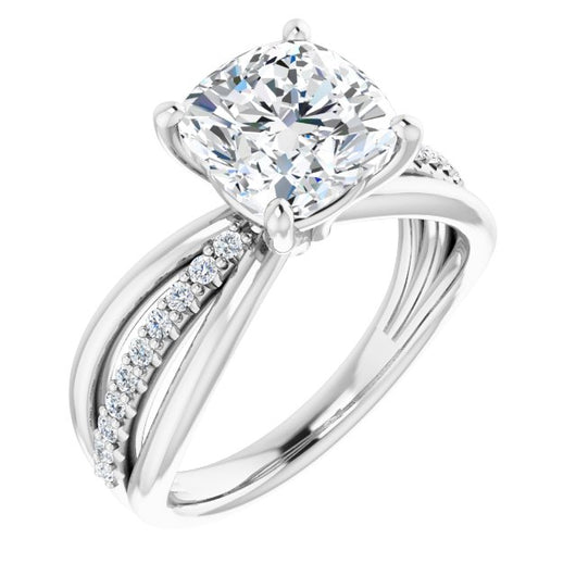 10K White Gold Customizable Cushion Cut Design with Tri-Split Accented Band