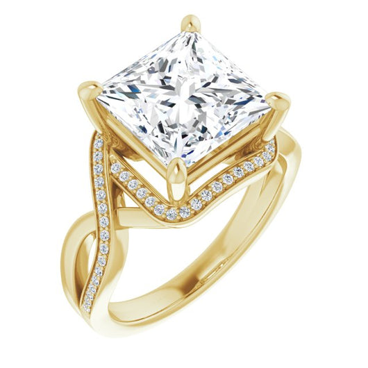 10K Yellow Gold Customizable Bypass-Halo-Accented Princess/Square Cut Center with Twisting Split Shared Prong Band