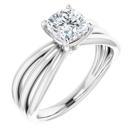 10K White Gold Customizable Cushion Cut Solitaire Design with Wide, Ribboned Split-band