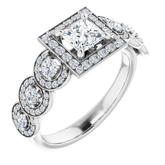 10K White Gold Customizable Cathedral-set Princess/Square Cut 7-stone style Enhanced with 7 Halos