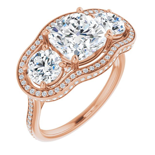 10K Rose Gold Customizable 3-stone Cushion Cut Design with Multi-Halo Enhancement and 150+-stone Pavé Band