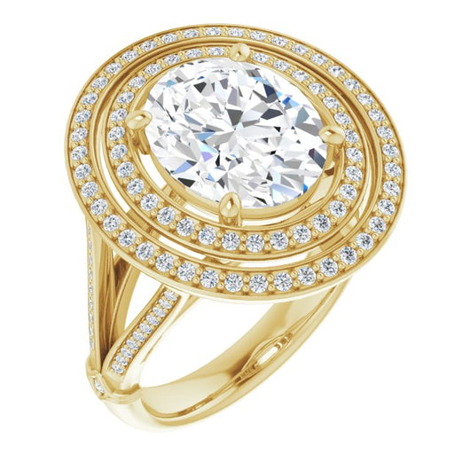 10K Yellow Gold Customizable Cathedral-set Oval Cut Design with Double Halo, Wide Split-Shared Prong Band and Side Knuckle Accents