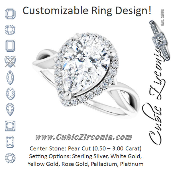 Cubic Zirconia Engagement Ring- The Yawén (Customizable Cathedral-Halo Pear Cut Design with Twisting Split Band)