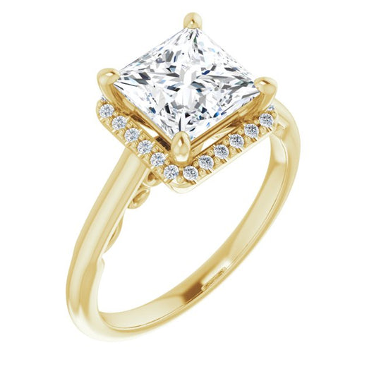 10K Yellow Gold Customizable Cathedral-Halo Princess/Square Cut Style featuring Sculptural Trellis