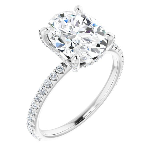 10K White Gold Customizable Oval Cut Design with Round-Accented Band, Micropav? Under-Halo and Decorative Prong Accents)