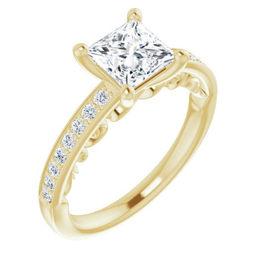 10K Yellow Gold Customizable Princess/Square Cut Design featuring 3-Sided Infinity Trellis and Round-Channel Accented Band