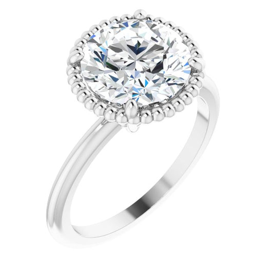 10K White Gold Customizable Round Cut Solitaire with Beaded Metallic Milgrain