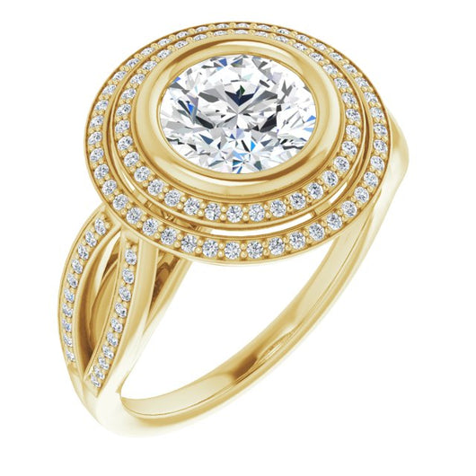 10K Yellow Gold Customizable Bezel-set Round Cut Style with Double Halo and Split Shared Prong Band