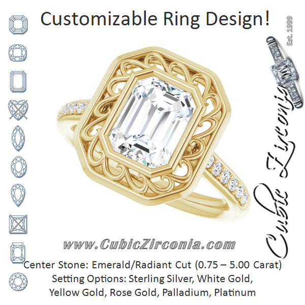 Cubic Zirconia Engagement Ring- The Hailey Belle (Customizable Cathedral-Bezel Emerald Cut Design with Floral Filigree and Thin Shared Prong Band)