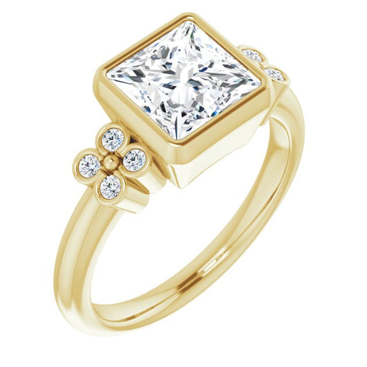 10K Yellow Gold Customizable 9-stone Bezel-set Princess/Square Cut Design with Quad Round Bezel Side Stones Each Side