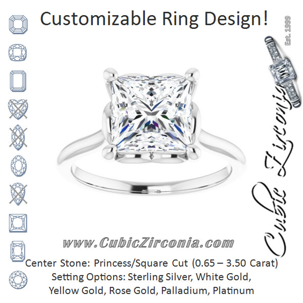 Cubic Zirconia Engagement Ring- The Josepha (Customizable Cathedral-style Princess/Square Cut Solitaire with Decorative Heart Prong Basket)