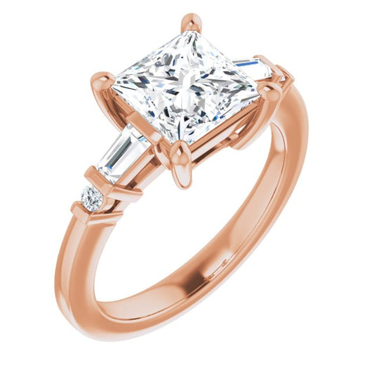 10K Rose Gold Customizable 5-stone Baguette+Round-Accented Princess/Square Cut Design)