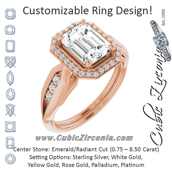 Cubic Zirconia Engagement Ring- The Ina Vaani (Customizable Cathedral-raised Emerald Cut Design with Halo and Tri-Cluster Band Accents)