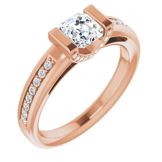 10K Rose Gold Customizable Cathedral-Bar Asscher Cut Design featuring Shared Prong Band and Prong Accents