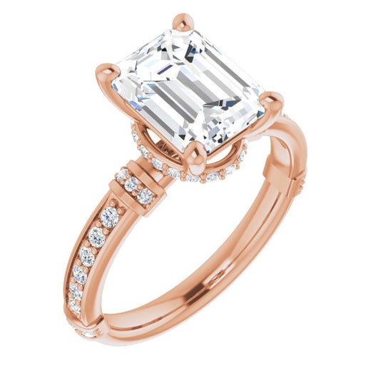 10K Rose Gold Customizable Emerald/Radiant Cut Style featuring Under-Halo, Shared Prong and Quad Horizontal Band Accents