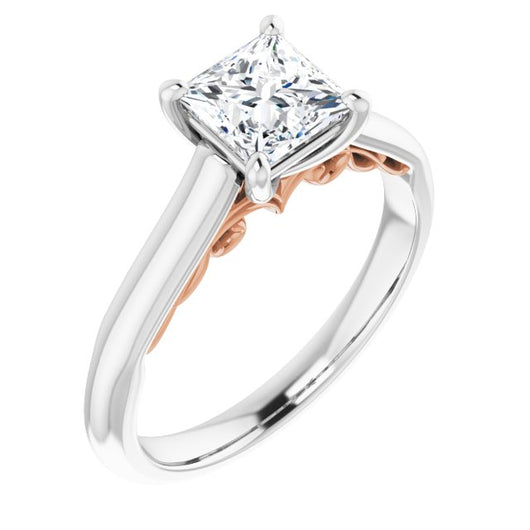 14K White & Rose Gold Customizable Princess/Square Cut Cathedral Solitaire with Two-Tone Option Decorative Trellis 'Down Under'