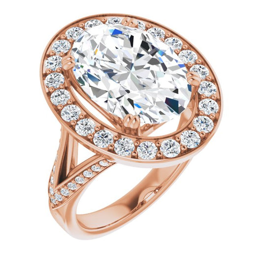 10K Rose Gold Customizable Oval Cut Center with Large-Accented Halo and Split Shared Prong Band