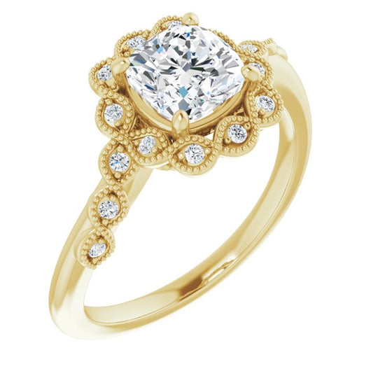 10K Yellow Gold Customizable 3-stone Design with Cushion Cut Center and Halo Enhancement