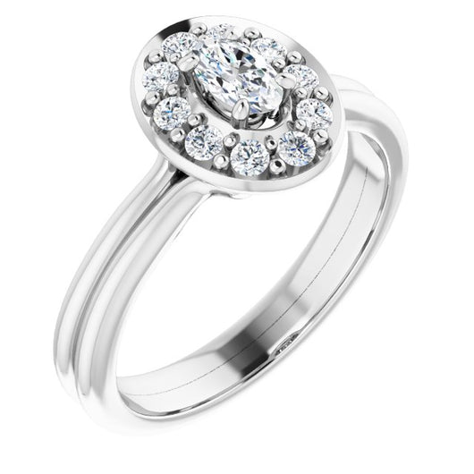 10K White Gold Customizable Cluster-Halo Accented Oval Cut Style with Tapered Dual Band