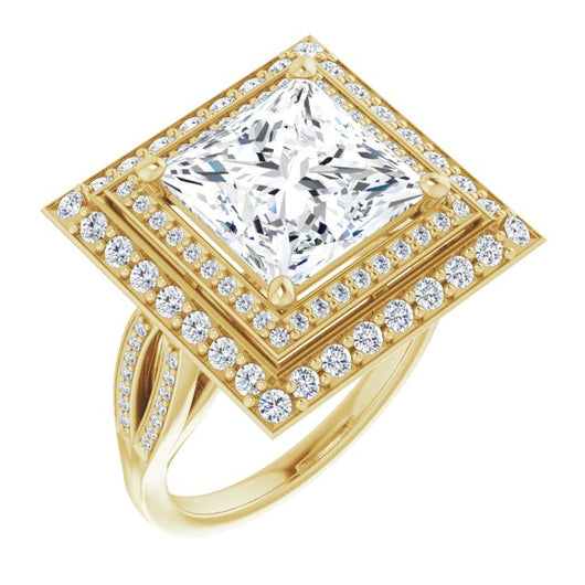 10K Yellow Gold Customizable Cathedral-style Princess/Square Cut Design with Double Halo & Split-Pavé Band