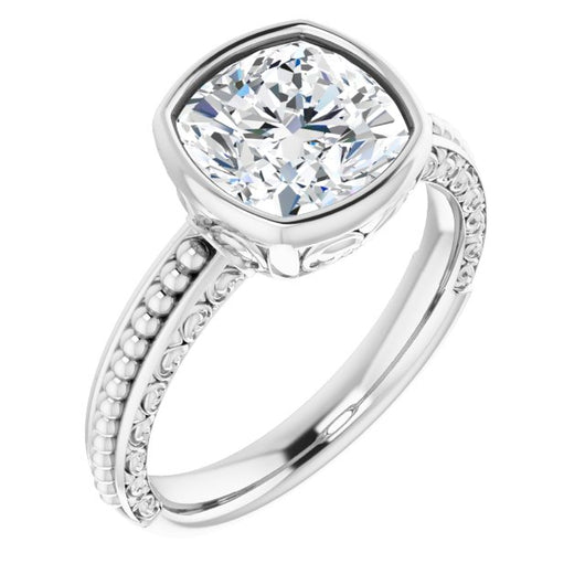 10K White Gold Customizable Bezel-set Cushion Cut Solitaire with Beaded and Carved Three-sided Band