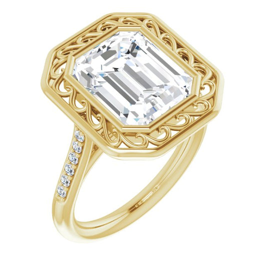 10K Yellow Gold Customizable Cathedral-Bezel Emerald/Radiant Cut Design with Floral Filigree and Thin Shared Prong Band