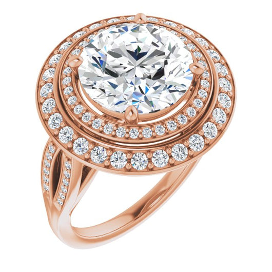 10K Rose Gold Customizable Cathedral-style Round Cut Design with Double Halo & Split-Pavé Band