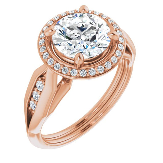 18K Rose Gold Customizable Cathedral-raised Round Cut Design with Halo and Tri-Cluster Band Accents