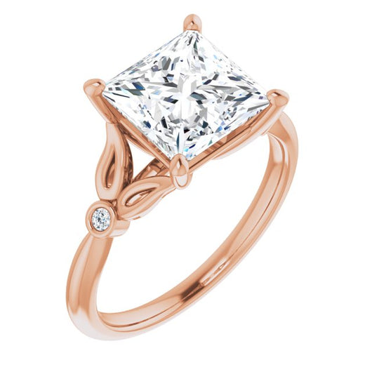 10K Rose Gold Customizable 3-stone Princess/Square Cut Design with Thin Band and Twin Round Bezel Side Stones