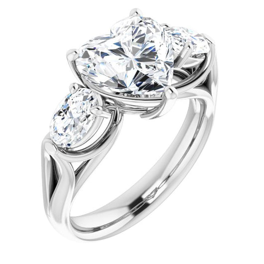 10K White Gold Customizable Cathedral-set 3-stone Heart Cut Style with Dual Oval Cut Accents & Wide Split Band