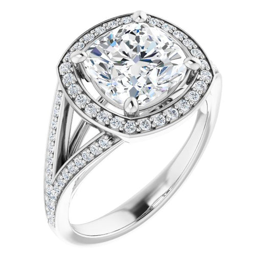 10K White Gold Customizable Cathedral-Halo Cushion Cut Style featuring Split-Shared Prong Band