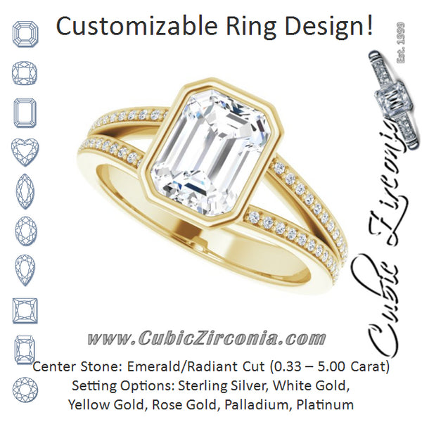 Cubic Zirconia Engagement Ring- The Jenni Lou (Customizable Bezel-set Emerald Cut Design with Split Shared Prong Band)