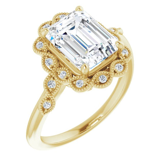 10K Yellow Gold Customizable 3-stone Design with Emerald/Radiant Cut Center and Halo Enhancement