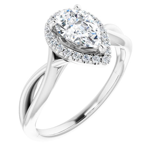 10K White Gold Customizable Cathedral-Halo Pear Cut Design with Twisting Split Band