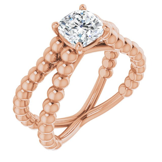 10K Rose Gold Customizable Cushion Cut Solitaire with Wide Beaded Split-Band