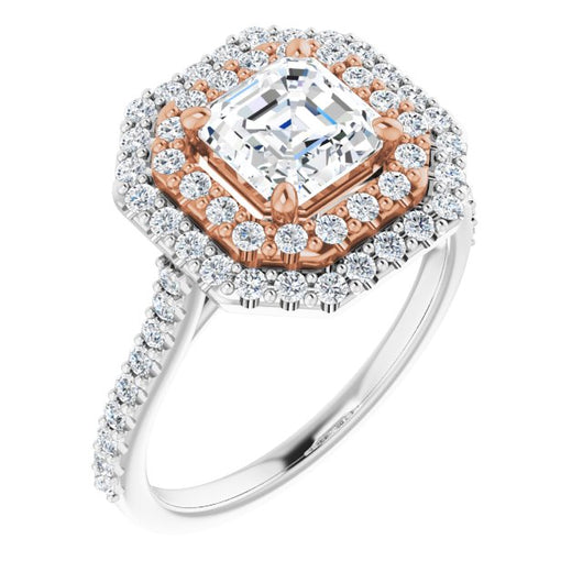 14K White & Rose Gold Customizable Double-Halo Asscher Cut Design with Accented Split Band