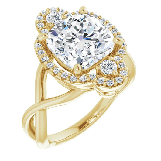 10K Yellow Gold Customizable Vertical 3-stone Cushion Cut Design Enhanced with Multi-Halo Accents and Twisted Band