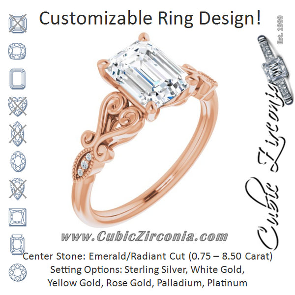 Cubic Zirconia Engagement Ring- The Annika (Customizable 7-stone Design with Emerald Cut Center Plus Sculptural Band and Filigree)