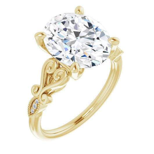 10K Yellow Gold Customizable 7-stone Design with Oval Cut Center Plus Sculptural Band and Filigree