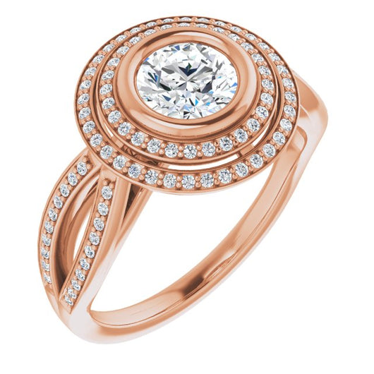 10K Rose Gold Customizable Bezel-set Round Cut Style with Double Halo and Split Shared Prong Band