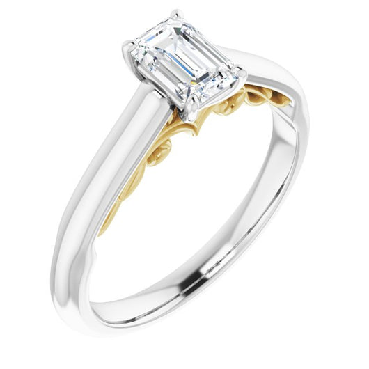 14K White & Yellow Gold Customizable Emerald/Radiant Cut Cathedral Solitaire with Two-Tone Option Decorative Trellis 'Down Under'