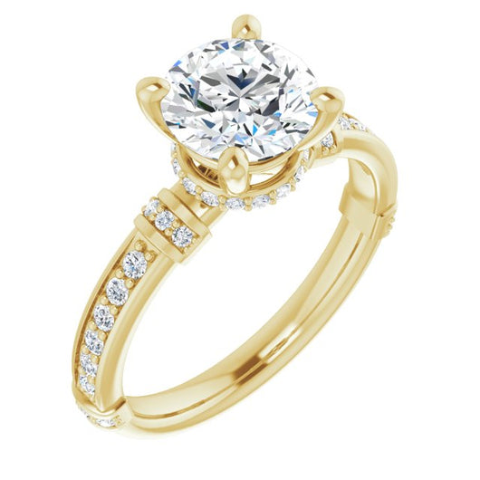 10K Yellow Gold Customizable Round Cut Style featuring Under-Halo, Shared Prong and Quad Horizontal Band Accents